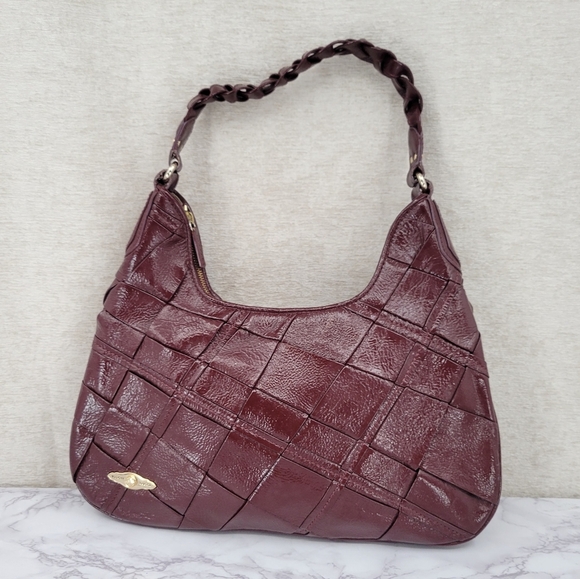 Elliot Lucca Hobo Shoulder Bag Pascale  Burgundy Patent Woven Leather Braid - Picture 1 of 16